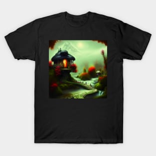 Sparkling Fantasy Cottage with Lights and Glitter Background in Forest, Scenery Nature T-Shirt